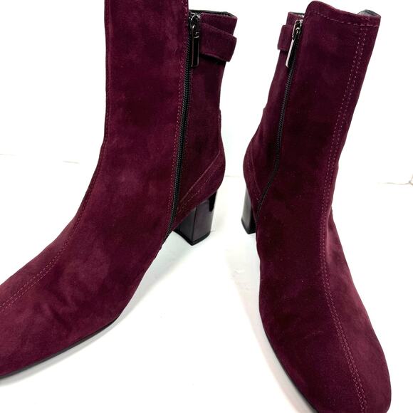 AQUATALIA by Marvin K Ankle Boots Burgundy Suede High Heel Buckle Size 11 - Picture 1 of 7